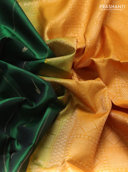 Pure soft silk saree green and mustard yellow with allover zari weaves & muniya buttas and zari woven simple border