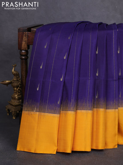 Pure soft silk saree navy blue and mustard yellow with allover zari weaves & muniya buttas and zari woven simple border