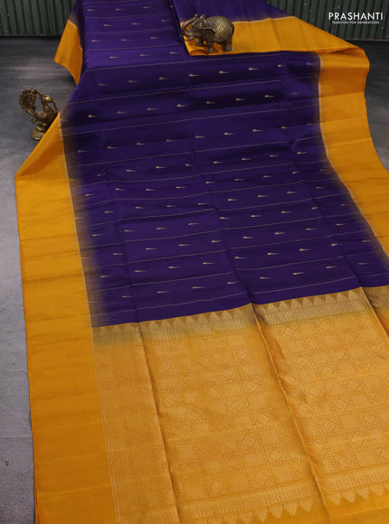 Pure soft silk saree navy blue and mustard yellow with allover zari weaves & muniya buttas and zari woven simple border