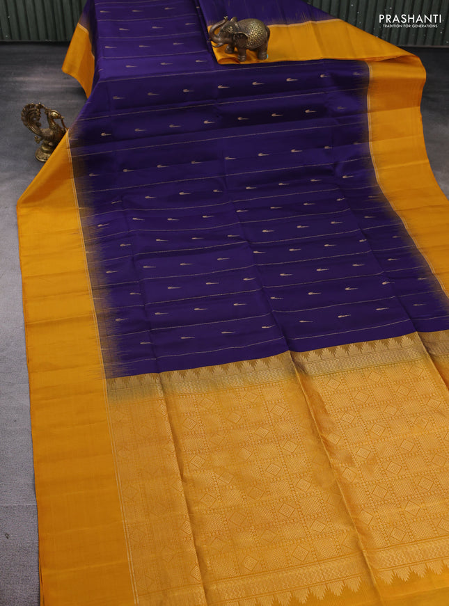 Pure soft silk saree navy blue and mustard yellow with allover zari weaves & muniya buttas and zari woven simple border