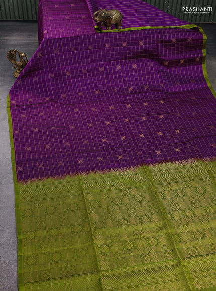 Pure soft silk saree purple and light green with allover zari checks & buttas and piping border
