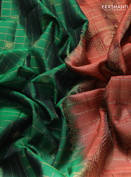 Pure soft silk saree dark green and rust shade with allover zari checks & buttas and piping border