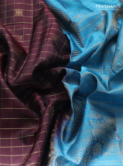 Pure soft silk saree coffee brown and cs blue with allover zari checks & buttas and piping border