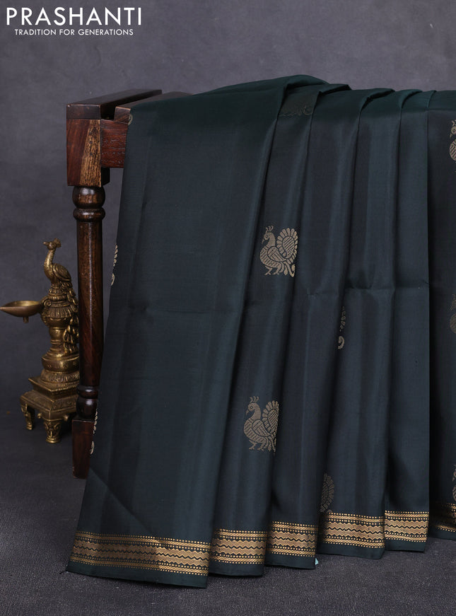 Pure soft silk saree bottle green with zari woven annam buttas and zari woven border