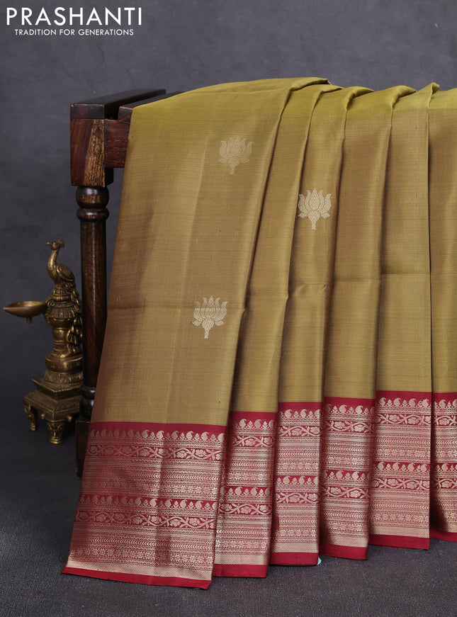 Pure soft silk saree elaichi green and maroon with zari woven floral buttas and zari woven border