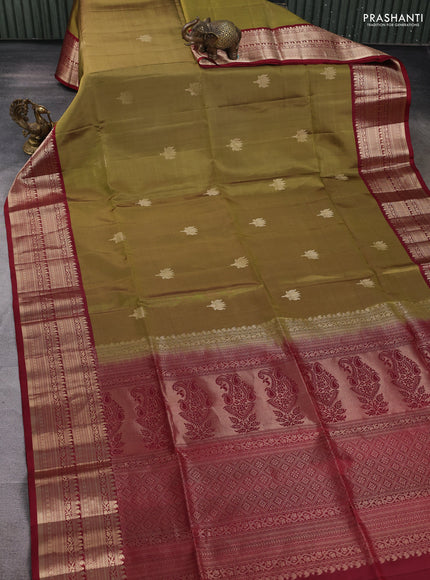 Pure soft silk saree elaichi green and maroon with zari woven floral buttas and zari woven border