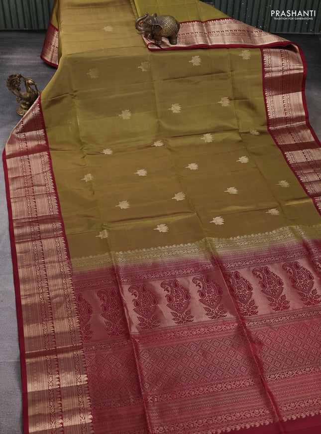 Pure soft silk saree elaichi green and maroon with zari woven floral buttas and zari woven border