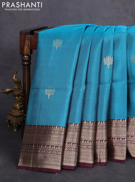 Pure soft silk saree peacock blue and wine shade with zari woven floral buttas and zari woven border
