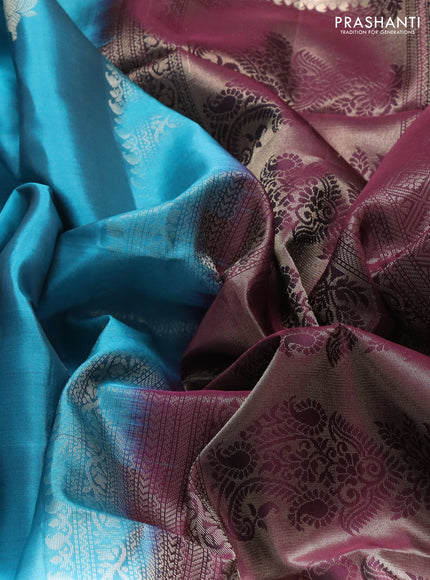 Pure soft silk saree peacock blue and wine shade with zari woven floral buttas and zari woven border