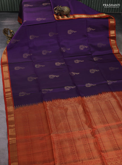 Pure soft silk saree violet and rustic orange with zari woven buttas and zari woven border