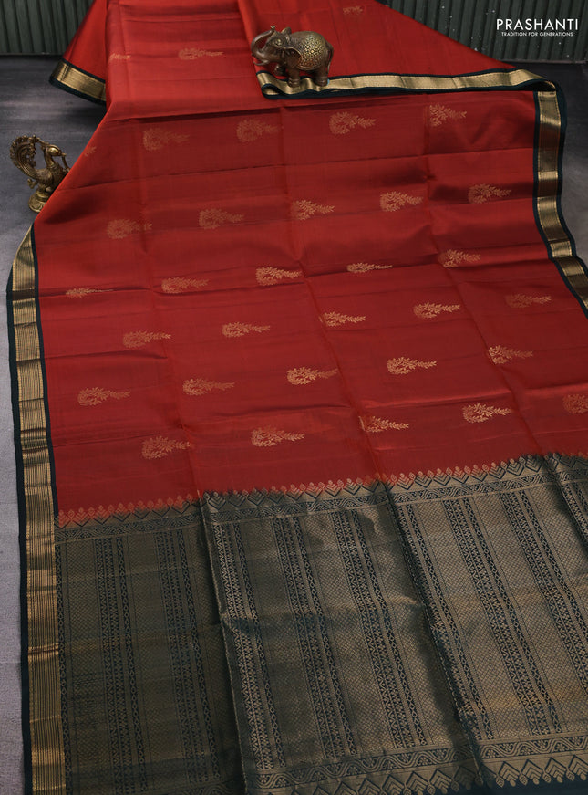 Pure soft silk saree rustic orange and peacock green with zari woven buttas and zari woven border