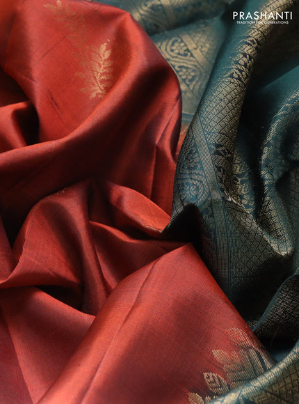 Pure soft silk saree rustic orange and peacock green with zari woven buttas and zari woven border