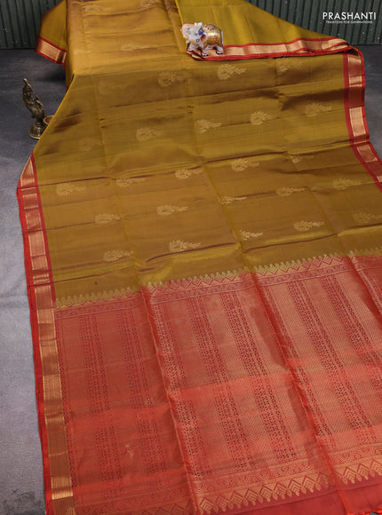 Pure soft silk saree dark mustard and rustic orange with zari woven buttas and zari woven border