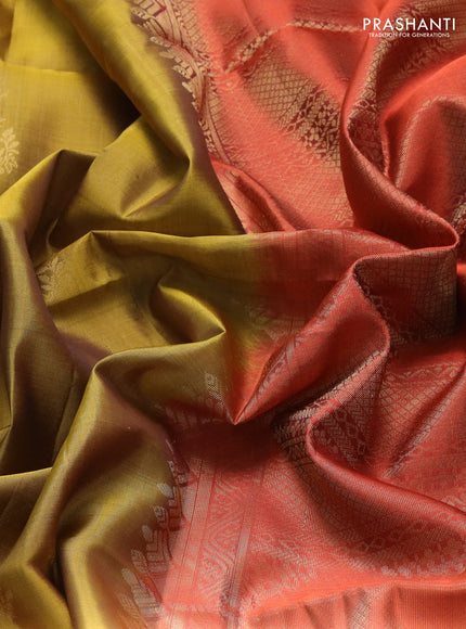 Pure soft silk saree dark mustard and rustic orange with zari woven buttas and zari woven border