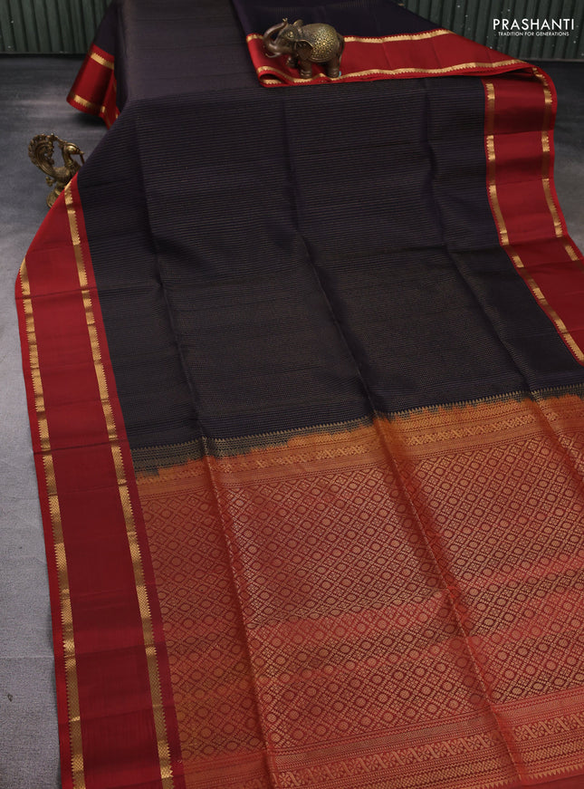 Pure soft silk saree deep jamun and rust shade with allover zari stripe pattern and rettapet zari woven border
