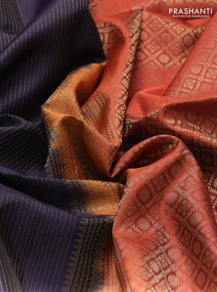 Pure soft silk saree deep jamun and rust shade with allover zari stripe pattern and rettapet zari woven border