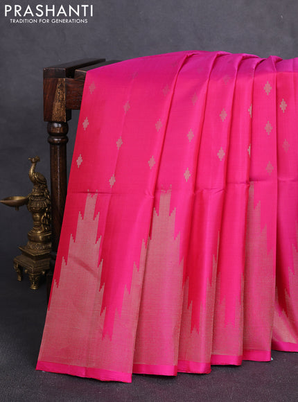 Pure soft silk saree pink with allover zari woven buttas and long temple design zari woven border