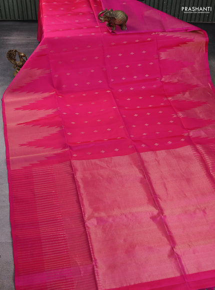 Pure soft silk saree pink with allover zari woven buttas and long temple design zari woven border
