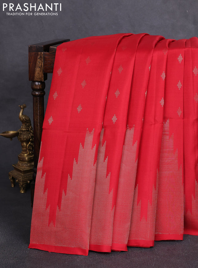 Pure soft silk saree red with allover zari woven buttas and long temple design zari woven border