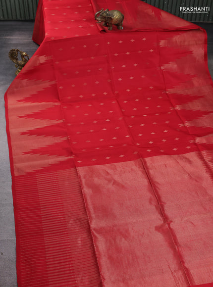 Pure soft silk saree red with allover zari woven buttas and long temple design zari woven border