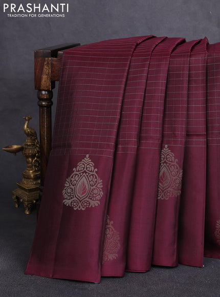 Pure soft silk saree wine shade with allover zari checked pattern and zari woven butta border