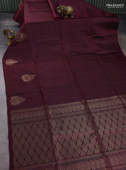 Pure soft silk saree wine shade with allover zari checked pattern and zari woven butta border