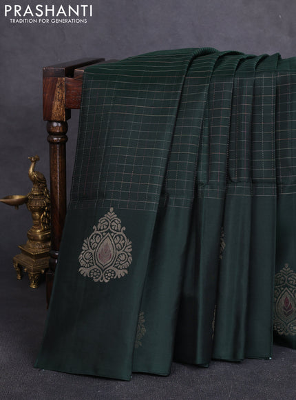 Pure soft silk saree bottle green with allover zari checked pattern and long zari woven butta border