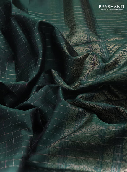 Pure soft silk saree bottle green with allover zari checked pattern and long zari woven butta border