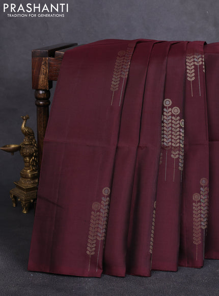 Pure soft silk saree deep maroon with zari woven buttas in borderless style