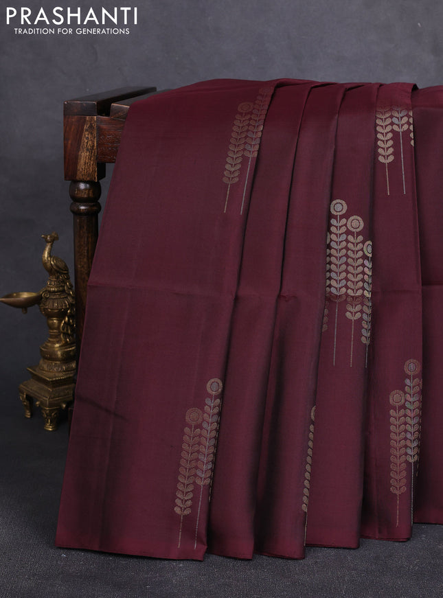 Pure soft silk saree deep maroon with zari woven buttas in borderless style