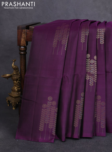 Pure soft silk saree deep purple with zari woven buttas in borderless style