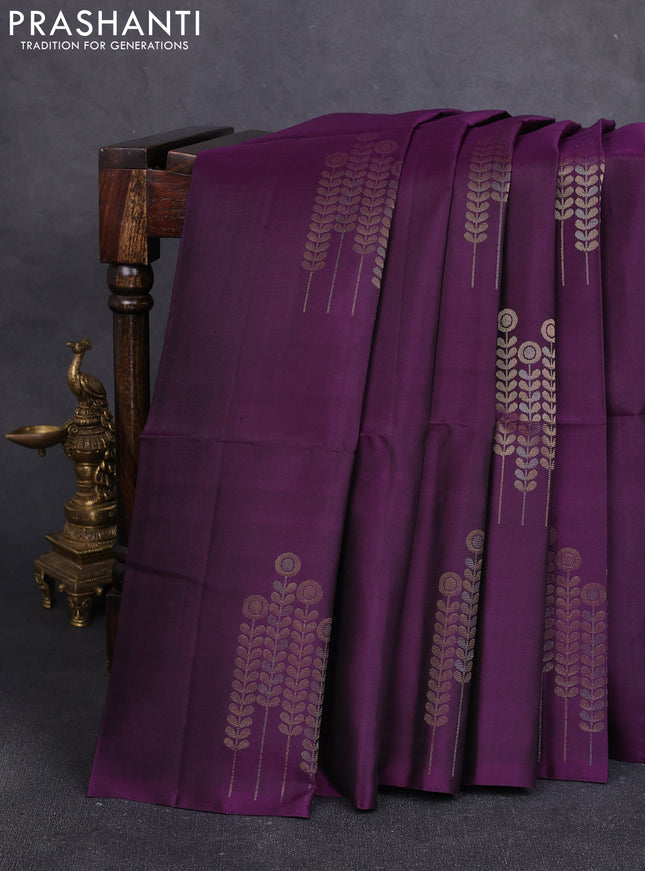 Pure soft silk saree deep purple with zari woven buttas in borderless style
