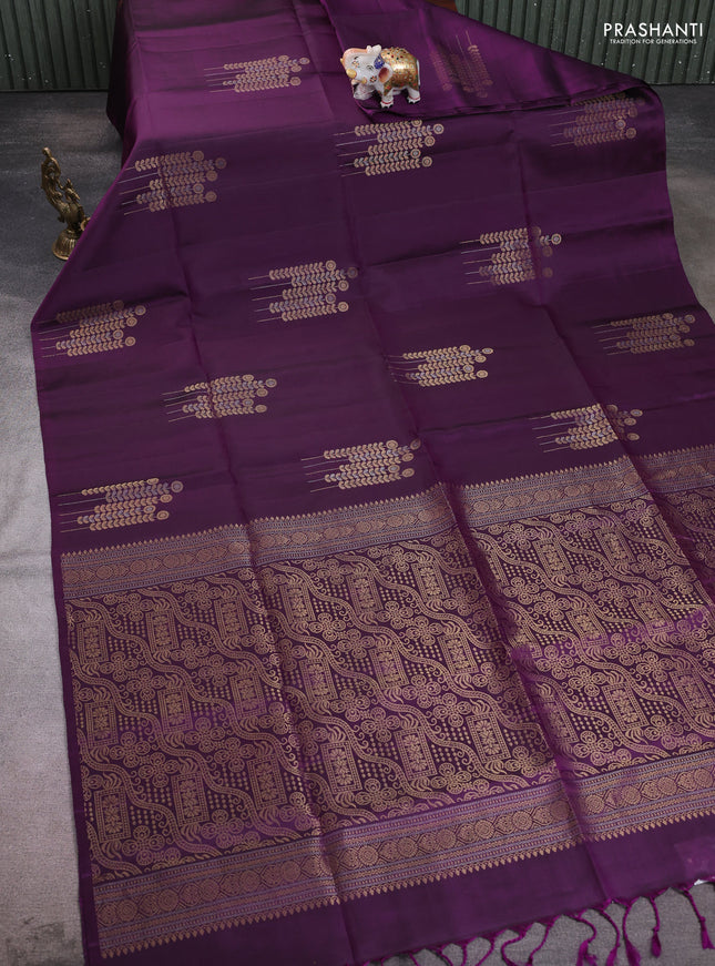 Pure soft silk saree deep purple with zari woven buttas in borderless style