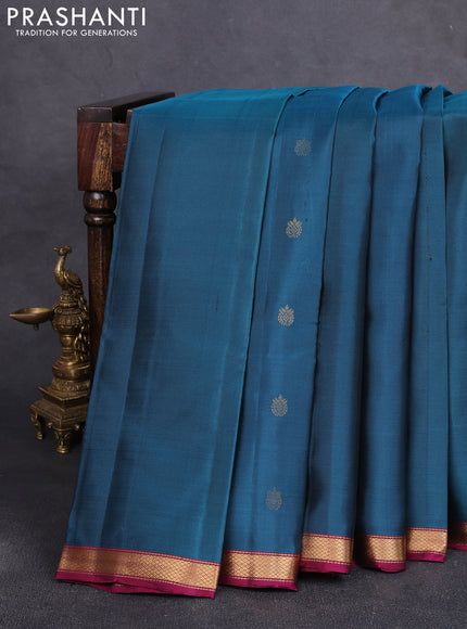 Pure soft silk saree peacock blue and dark magenta pink with zari woven buttas and zari woven border