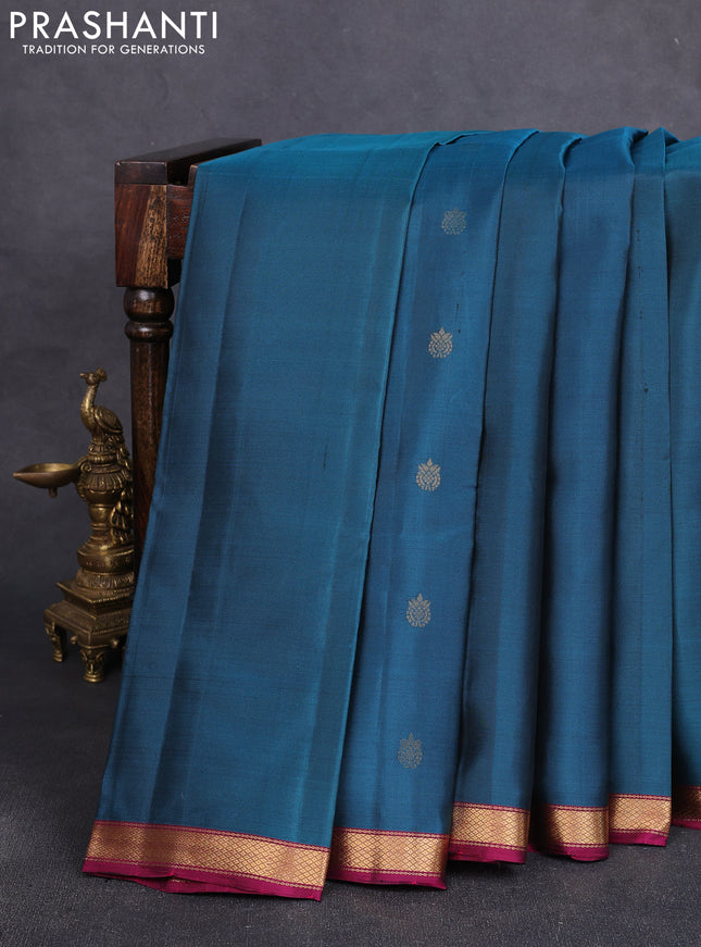 Pure soft silk saree peacock blue and dark magenta pink with zari woven buttas and zari woven border