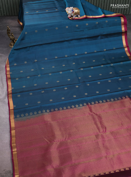 Pure soft silk saree peacock blue and dark magenta pink with zari woven buttas and zari woven border