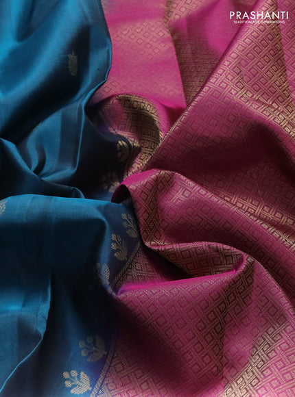 Pure soft silk saree peacock blue and dark magenta pink with zari woven buttas and zari woven border