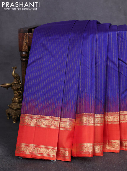 Pure soft silk saree blue and orange with allover zari stripe pattern and rettapet zari woven border