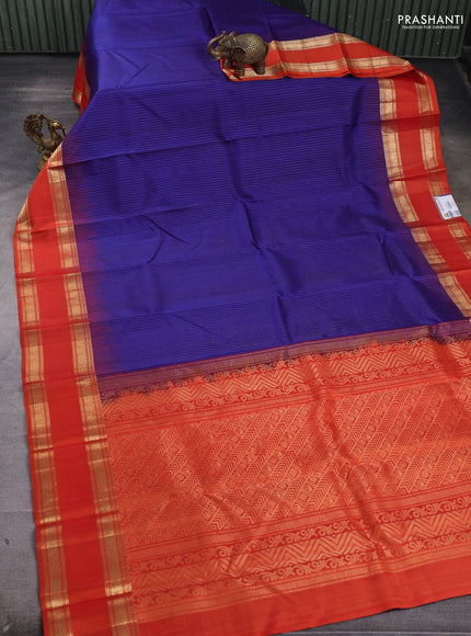 Pure soft silk saree blue and orange with allover zari stripe pattern and rettapet zari woven border