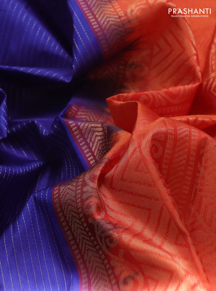 Pure soft silk saree blue and orange with allover zari stripe pattern and rettapet zari woven border