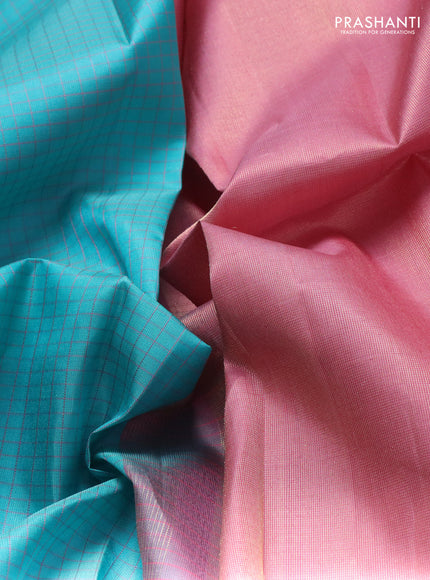 Pure soft silk saree teal blue and peach with allover checked pattern and rettapet zari woven border