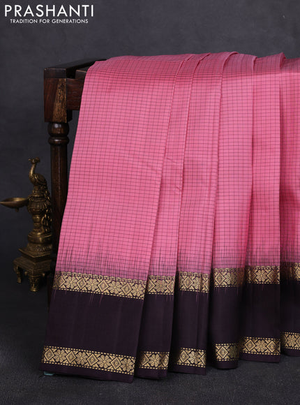 Pure soft silk saree mild peach pink and deep jamun with allover checked pattern and rettapet zari woven border