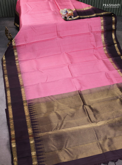 Pure soft silk saree mild peach pink and deep jamun with allover checked pattern and rettapet zari woven border