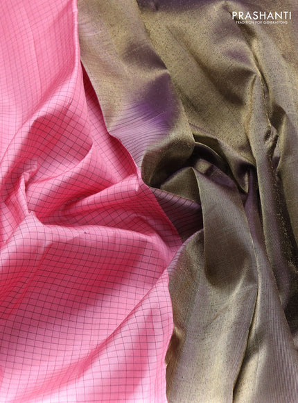 Pure soft silk saree mild peach pink and deep jamun with allover checked pattern and rettapet zari woven border