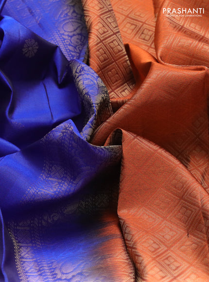 Pure soft silk saree blue and rustic orange with zari woven buttas and rettapet zari woven border