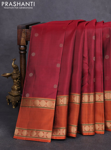 Pure soft silk saree maroon and rustic orange with zari woven buttas and rettapet zari woven border