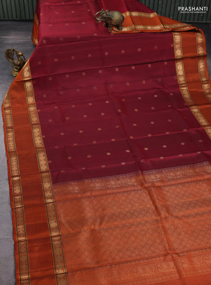 Pure soft silk saree maroon and rustic orange with zari woven buttas and rettapet zari woven border
