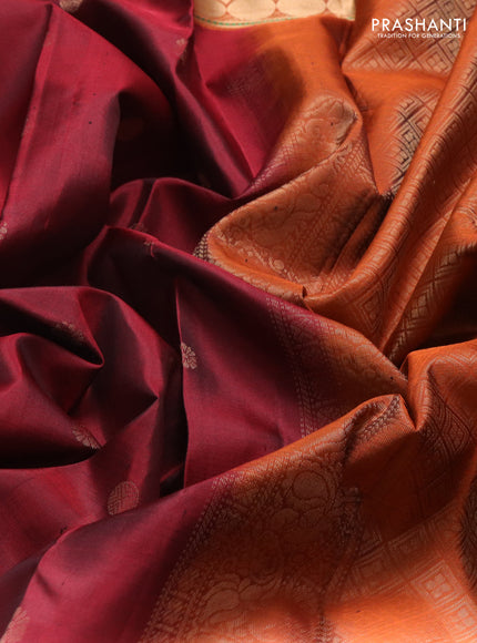 Pure soft silk saree maroon and rustic orange with zari woven buttas and rettapet zari woven border