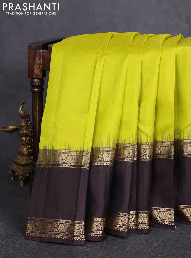Pure soft silk saree lime yellow and coffee brown with allover zari stripe pattern and long rettapet zari woven border