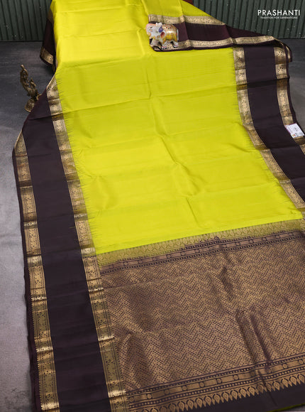 Pure soft silk saree lime yellow and coffee brown with allover zari stripe pattern and long rettapet zari woven border